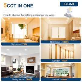 icicar 6 Inch 12 Pack 5CCT Recessed LED Ceiling Light with Junction Box, 2700K/3000K/3500K/4000K/5000K Selectable, 12W 110W Eqv, 1050LM Dimmable Canless Wafer Downlight, ETL & FCC
