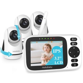 HelloBaby 3.2'' Baby Monitor 3 Cameras, Video Audio Baby Monitor No WiFi, Remote Pan-Tilt-Zoom, ECO, Night Vision, 2-Way Talk, 1000ft Range, 8 Lullabies and Temperature, for Parents and Babies
