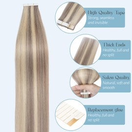 MY-LADY Tape in Hair Extensions Human Hair 10pcs 10g 10 Inch Straight Invisible Real Remy Hair Extensions #18/613 Ash Blonde Mix Bleach Blonde Seamless Extensions
