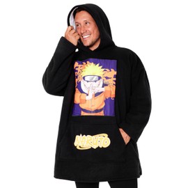 Naruto Blanket Hoodie for Men and Teenagers - Cosy Oversized Fleece Hoodie One Size Sherpa Lined - Anime Gifts for Men (Black/Orange)