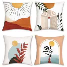 Bonhause Abstract Boho Throw Pillow Covers 18x18 Set of 4 Modern Minimalism Sun Arch Leaves Pillows Case Soft Velvet Cushion Covers for Couch Sofa Home Decor