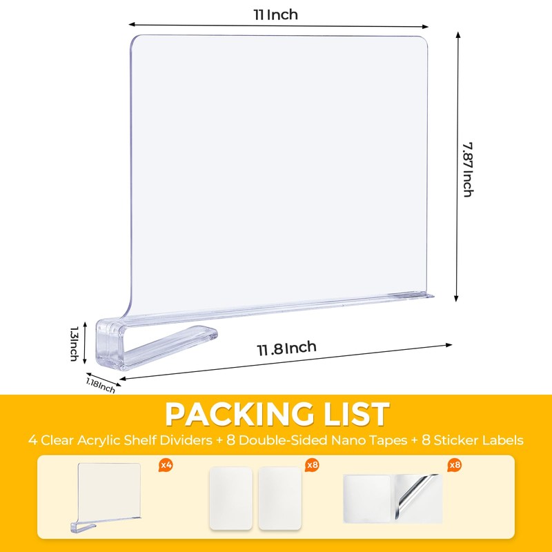 JOY DECOR 6 Pack Acrylic Clear Shelf Dividers for Closets