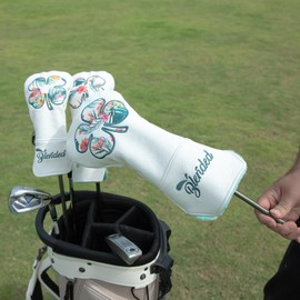 BAIRBRE Golf Club Covers White Lucky Clover Golf Head Covers Driver Covers Fariway Wood Headcover Hybrid Covers Leather Golf Headcover with Number Tag for All Brand