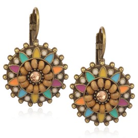 Unique Bohemian Vintage Sparkly Crystal Colorful Round Flower leverback earrings Boho Retro Bronze Circle Beaded Flower Floral Dangle Drop Earrings for Women (Colorful)