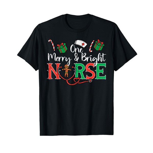 One Merry Bright Nurse Christmas Scrub Top T-Shirt, black