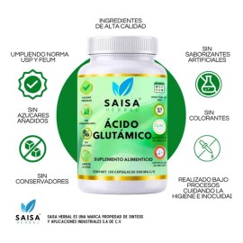 Ácido Glutámico 100% Puro | 120 Cápsulas | Saisa Herbal | Suplemento Alimentcio | Suplemento para Memoria | Mejor concentración | Función cognitiva | 