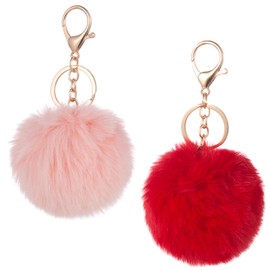[2 Pack] Pom Pom Keychain Fluffy Ball Faux Fur Fashion Accessory Decoration Comfy for Bag Purse Keys Accessory Gift; with Ring and Trigger Clip; Large Ball 3”; Red and Pink