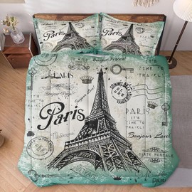 WeCozy Queen Size Comforter Set with 2 Pillowcase, Vintage Eiffel Tower Soft 3 Pcs Bedding for Kids and Adults, Paris Summer Comforter Set for Room Bedroom Bed Decor