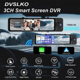 Smart Mirror Dash Camera Car Video Recorder 3 Channel on Board Camera Carplay 11'' Triple Rear View Mirror Car DVR Front Inside Rear,GPS,Night Version,WiFi,Android Auto,G-Sensor,Included 64GB Card