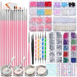 Fandamei FANDAMEI Nail Art Brushes Set, Nail Art Kit, Nail Design Kit, Nail Dotting Tools, Nail Kit for Beginners, Chrome Nail Powder, Nail Stickers, Nail Rhinestones, Nail Charms Gems Nail Art Decoration Kit