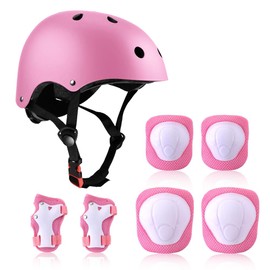 NICEWAT Children's Knee Pads Set with Helmet, Knee Pads Children 7-in-1 Set, Children's Helmet 3-7 Years, Skateboard Helmet Children for Skateboarding, Cycling, Rollerblading (Pink)