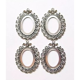 Victorian Vintage Art Deco Nouveau Mountings 4 of 40x30mm Antique Silver Victorian Floral Big Bows Pendant Settings, Nice