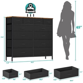 VASICAR White Dresser for Bedroom with 12 Deep Drawers, Wide Chest of Drawers, 55" TV Stand with Retro Wood Top, Tall Fabric Dresser for Closet, Nursery