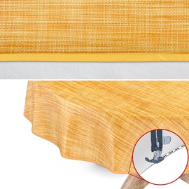 Washable Garden Tablecloth, Oilcloth with Hem, Round, 140 cm, Linen Textile Look, Yellow