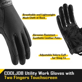 COOLJOB Touchscreen Utility Men's Work Gloves with Grip, Breathable Cooling for Camping Hiking Running Outside, Ultra-Soft Lightweight and Snug Fit Gloves for Truck Driver or Postman, Black Medium