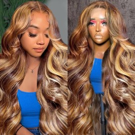 THGF 13x6 Highlight Honey Blonde Body Wave Lace Front Wigs Human Hair 180 Density Blonde Highlight HD Lace Front Wigs 13x6 Ombre Highlight Frontal Wigs Human Hair 22Inch