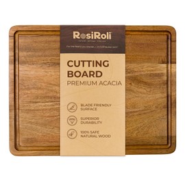 RosiRoli Acacia Wood Cutting Board for Kitchen - 0.8 inch Thick Wood Charcuterie Cheese Board with Side Handles and Juice Grooves, Wooden Chopping Block for Meat and Veggies, 13x10 inch