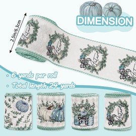 AnyDesign Fall Wired Edge Ribbon 24 Yards Blue Pumpkin Eucalyptus Leaves Craft Fabric Ribbon Autumn Plaids Decorative Ribbon for Thanksgiving Harvest Wreath Bow DIY Crafts Wrapping, 4 Roll