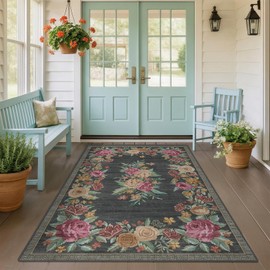 Large Entryway Rug 5x7, Washable Non Slip Stain Resistant Area Carpet, Dark Green Floral Rose Vintage Indoor Rugs for Living Room, High Traffic Mudroom Bedroom Dining Room