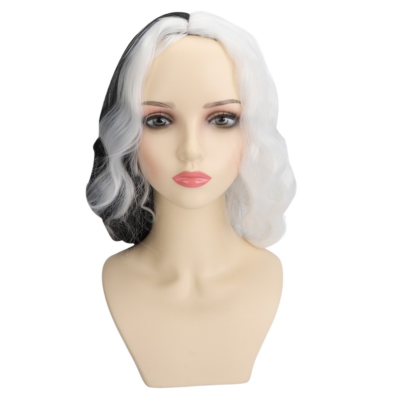 Black and White Short Wavy Wig Women Cosplay Party Shoulder