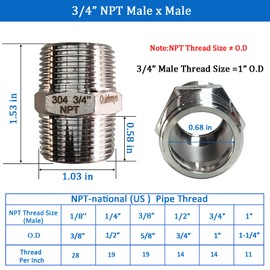 Quirkmyn 2PCS Hex Stainless Steel Nipple 3/4"NPT Male X 3/4" NPT Male Pipe Fitting 3/4 inch Stainless Steel Nipples Male Pipe Adapter Fittings Heavy Equal Nipples Connectors