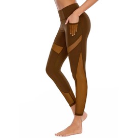CSTOWN Women's High Waist Yoga Pants with Side Pockets Stretchy Mesh Insert Workout Leggings Tummy Control Yoga Tights Coffee L