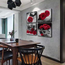 Bedroom Wall Decor for Couples, Red Rose Wall Art Bathroom Accessories, Black and White Canvas Prints Wall Pictures for Living Room Kitchen Home Decoration Flower Painting Valentine Gifts 12x12" 4Pcs