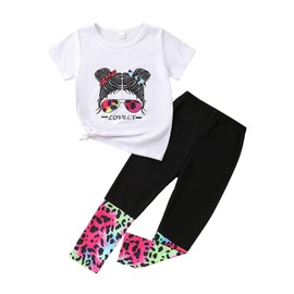 Kid Toddler Girl Clothes Cool Style Short Sleeve Top +Leopard Print Flared Pants Summer Spring Outfits Set(6-7T)
