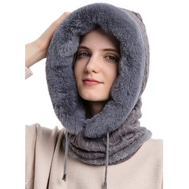 Women One Piece Slouchy Fleece Beanie Hats Scarf Mask Drawstring Warm Hooded Winter Balaclava Pullover Knitted Hat Grey