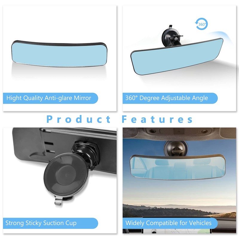 12" Large Convex Rear View Mirror, Suction Cup Anti-Glare Blue