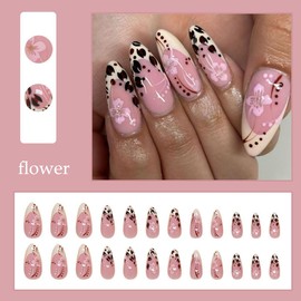 24Pcs French Tip Press on Nails Almond Fake Nails Hibiscus Flowers Nails Tips Full Cover False Nails with Leopard Designs Colorful Floral Stick on Nails French Acrylic Nail Decoration for Women