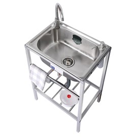 Outdoor Garden Sink Single Trough For Washing, Small Stainless Steel Utility Kitchen Hand Basin Station Sink Tub with Storage Shelve and Faucet, for Restaurant, Bar, Laundry, Garage, Backyard(54*40*75