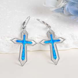 JERWLI Cross Earrings 925 Sterling Sliver Opal Religious Dangle Earrings Religious Cross Jewelry Gifts for Women