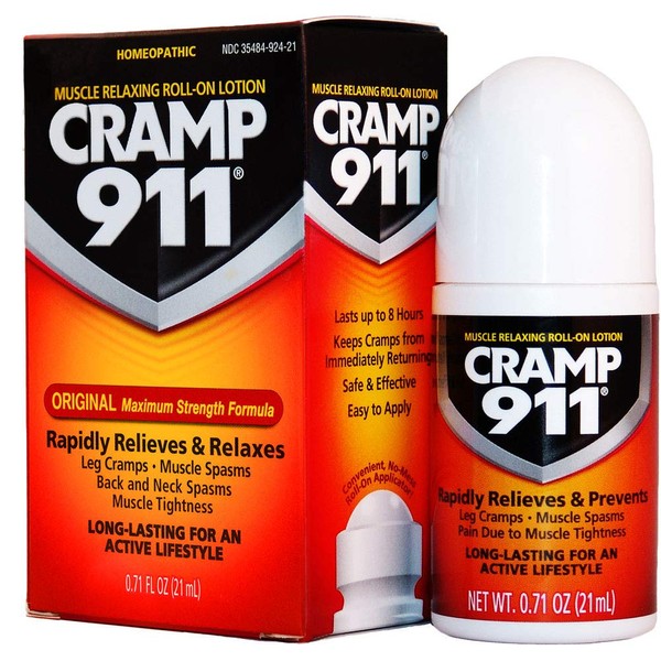 Cramp911 Muscle Relaxer Pain Relief Cream for Muscle Cramp Relief and Sore Muscles. Used for Muscle Cramp Relief and Muscle Pain Relief of All Kinds, Roll-on Lotion 0.71 oz 21 ml