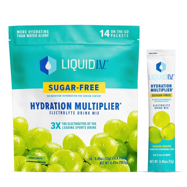 Liquid I.V. Sugar-Free Hydration Multiplier - Green Grape – Hydration Powder Packets | Electrolyte Powder Drink Mix | Easy Open Single-Serving Sticks | Non-GMO | 1 Pack (14 Servings)