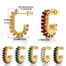 FRUMOS Gold Earrings for Women Girls,14K Gold Plated Hoop Earrings with 925 Sterling Silver Post Cubic Zirconia Huggie Earrings| CZ Stud Earring (Red CZ C Shape Earrings)