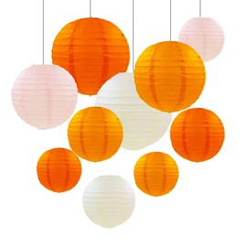 ZYOOO Pack of 10 Orange Beige Paper Lanterns Round Lampshade (Set of 4 Colours of 25 cm, 20 cm, 15 cm, 10 cm) Lanterns, Wedding, Decoration, Garden Party, Bride to Be Decoration, Autumn Decoration