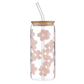 Santa Barbara Design Studio Cold Brew Glass Tumbler with Lid and Straw Sippin' Pretty Glass Cup with Bamboo Lid, 20-Ounce, Pink Floral