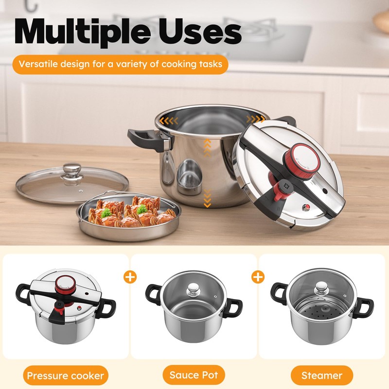 BreeRainz 8.45QT 304 Stainless Steel Pressure Cooker, 3-Stage PSI Settings,