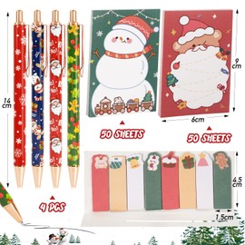 BOFUNX Pack of 4 Metal Christmas Ballpoint Pens + 100 Sheets Christmas Notepads and Page Markers Sticky Notes Christmas Pens Set for Christmas Children Friend Colleague Employee Gift