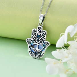 PROESS Hamsa Fatima Necklace 925 Sterling Silver Evil Eye Necklace/Eye of Horus Necklace/Tree of Life Pendant Necklace Hand of Fatima Jewellery Gifts for Women Girls, Sterling Silver