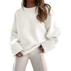 ANRABESS Women's Crewneck Long Sleeve Oversized Fuzzy Knit Chunky Warm Pullover Sweater Top 626mibai-M White