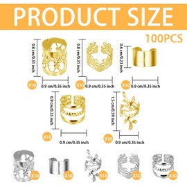 100 Pcs Gold & Silver Dreadlock Beads Locks Accessories Hair Bead, Adjustable Dreadlock & Braid Accessories with Cuffs & Rings, Metal Hair Jewelry for Adults with Hair Charms & Decorative Clips