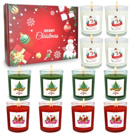 Set of 12 Christmas Themed Scented Votive Candles in Glass, Small Red Apple&Cinnamon, Green Cedar and White Vanilla&Cake Candles with Snowman, Santa Claus and Pine for Holiday Home Decor, ‎2"W x 2.4"H