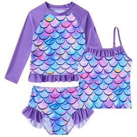 BFUSTYLE Girls Bathing Suit 5-6 Years Mermaid Rash Guard Long Sleeve Bathing Suit Kids 3 Piece Swimwear Size 6 Sun Protection Tankini