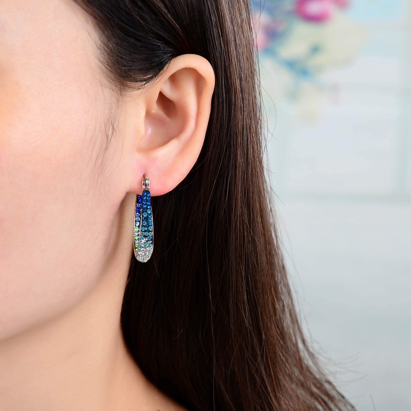 Crystal Hoop Earrings For Women Rhodium Plated Oval Inside Out