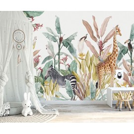 YQWDMX - Tropical Banana Leaves and Safari Animals Wallpaper Mural for Kids Bedroom Background Wall (Not Peel and Stick)