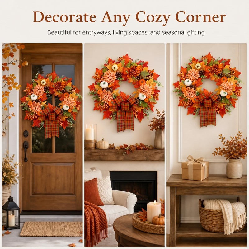 24 Inch Fall Wreath for Front Door, Autumn Harvest Farmhouse