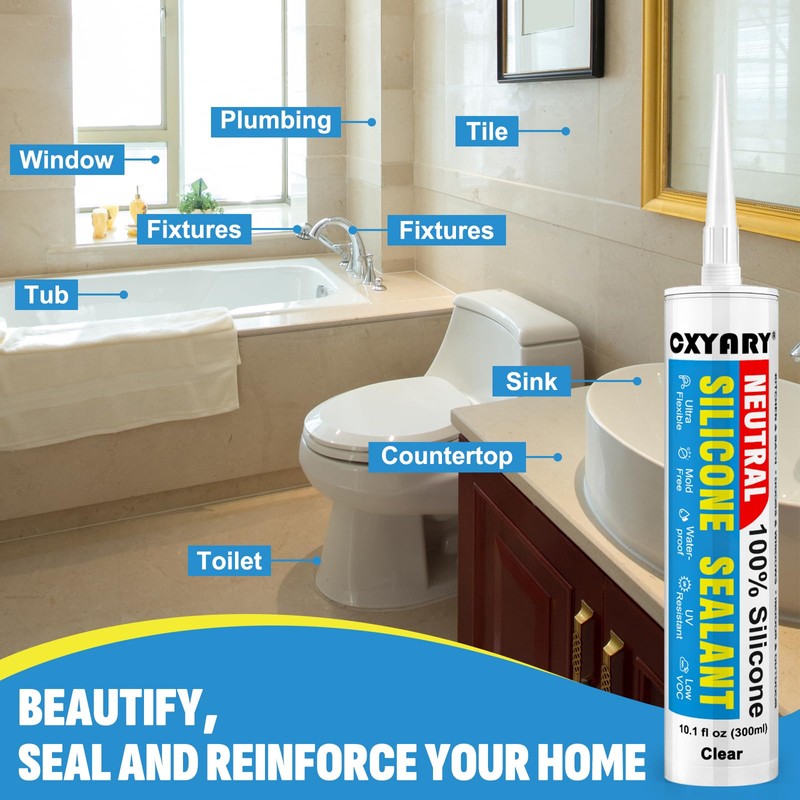 Silicone Caulk & Sealant Clear, 10 Pack - 100% Waterproof