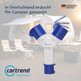 cartrend Explorer CEE Multiple Distributor with 1 CEE Plug & 2 CEE Couplings with Hinged Lid, Suitable for Voltages from 220-250 Volts, 16 Amps, 50/60Hz, for Caravans, Motorhomes, IP44, Blue/White